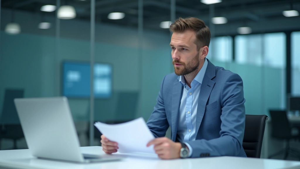 Ingenieur zeigt Patentdokumente und technische Pläne in modernem Büro