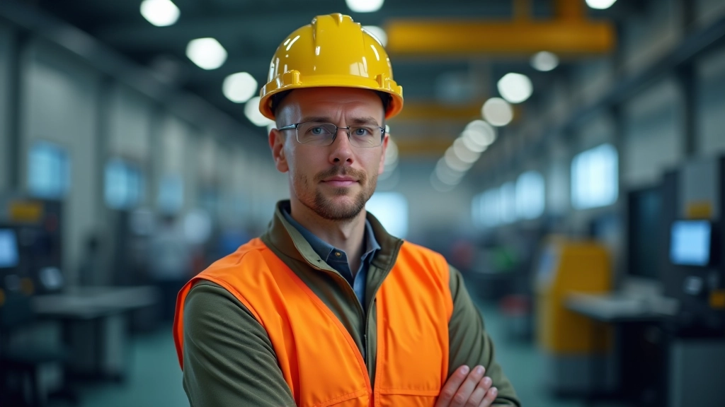 Ingenieur in Werkstatt mit modernen Maschinen und Messgeräten, arbeitet konzentriert an technischem Projekt