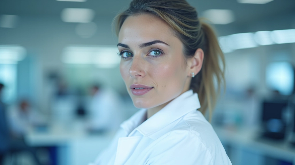 Forscherin in einem modernen Labor, untersucht technische Komponenten unter Lupe